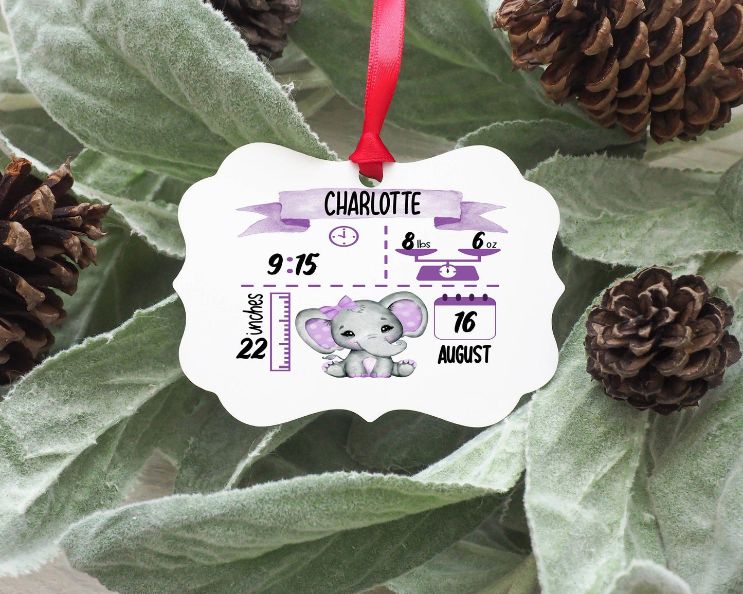 Baby Birth Stat Ornament | Purple Elephant