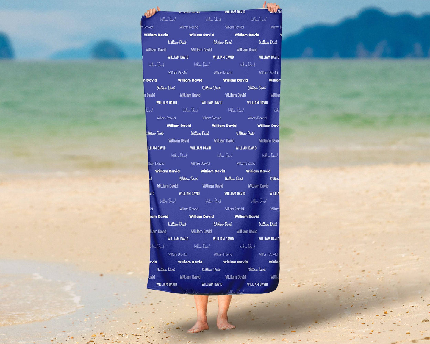 Dark Blue Repeating Name Personalized Beach Towel