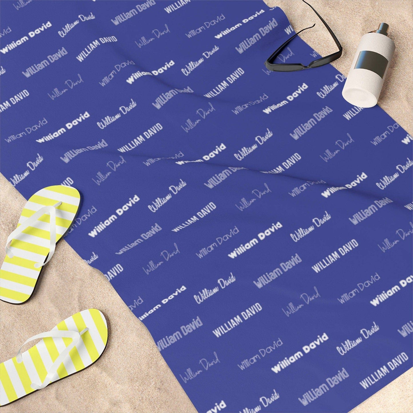 Dark Blue Repeating Name Personalized Beach Towel