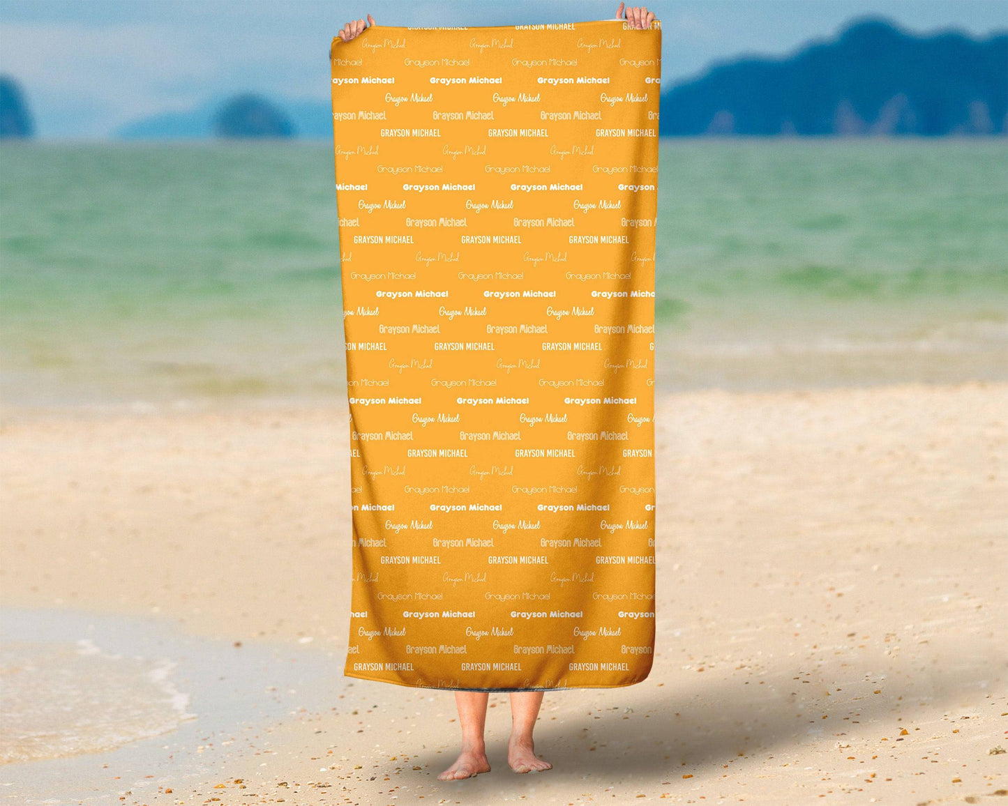 Orange Repeating Name Personalized Beach Towel