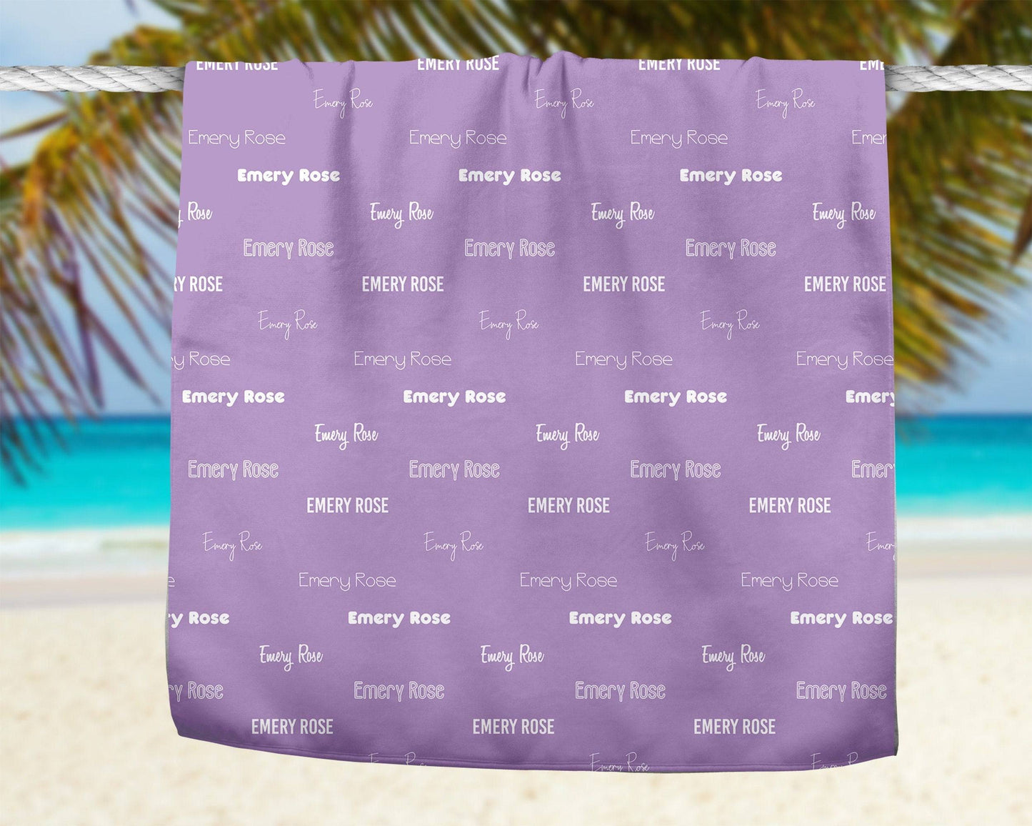 Purple Repeating Name Personalized Beach Towel