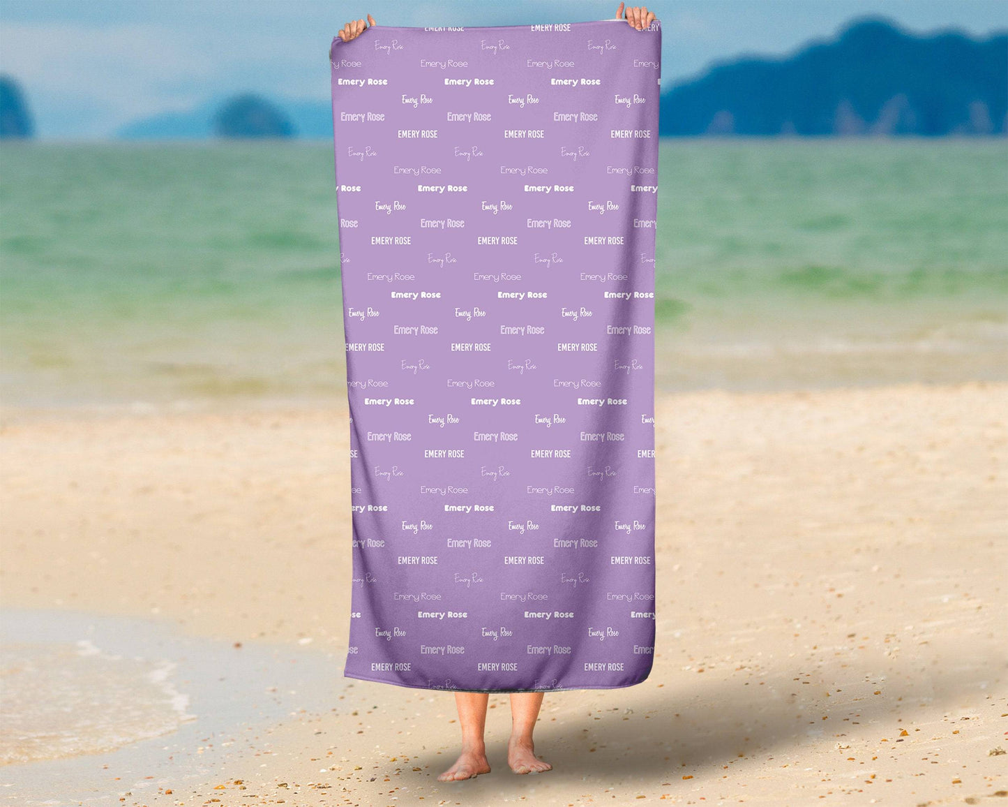 Purple Repeating Name Personalized Beach Towel
