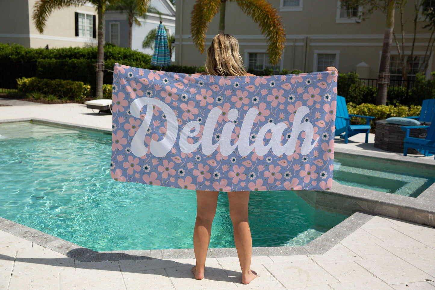 Retro Floral Repeating Name Personalized Beach Towel