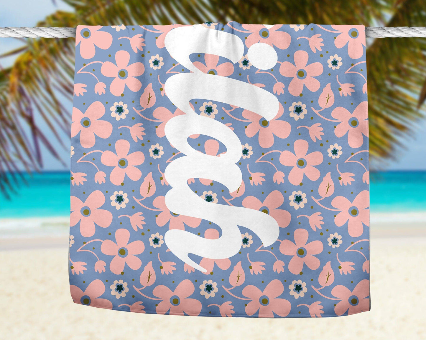 Retro Floral Repeating Name Personalized Beach Towel