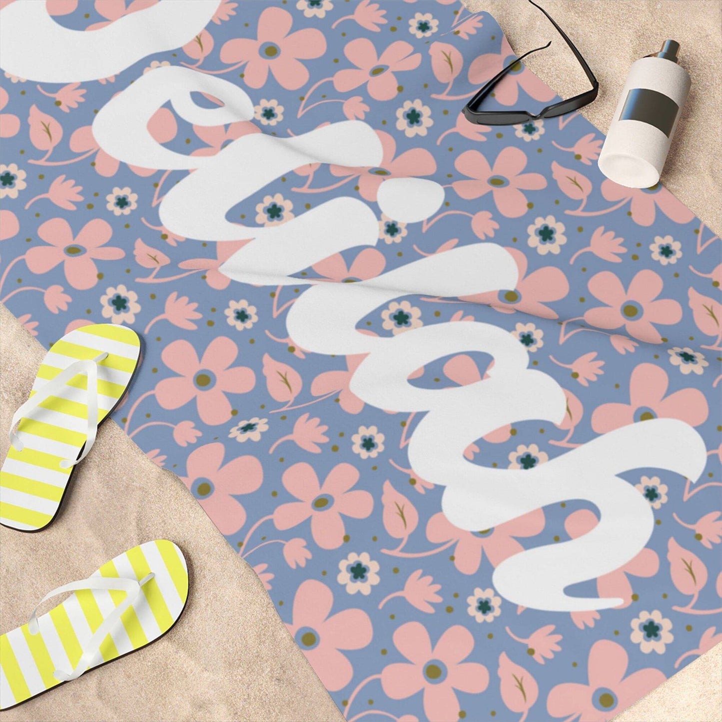 Retro Floral Repeating Name Personalized Beach Towel
