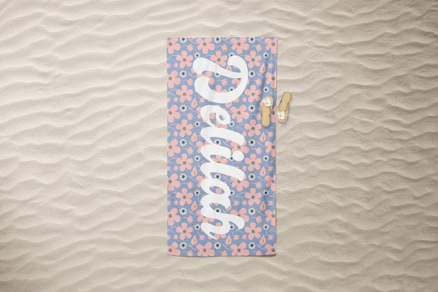 Retro Floral Repeating Name Personalized Beach Towel