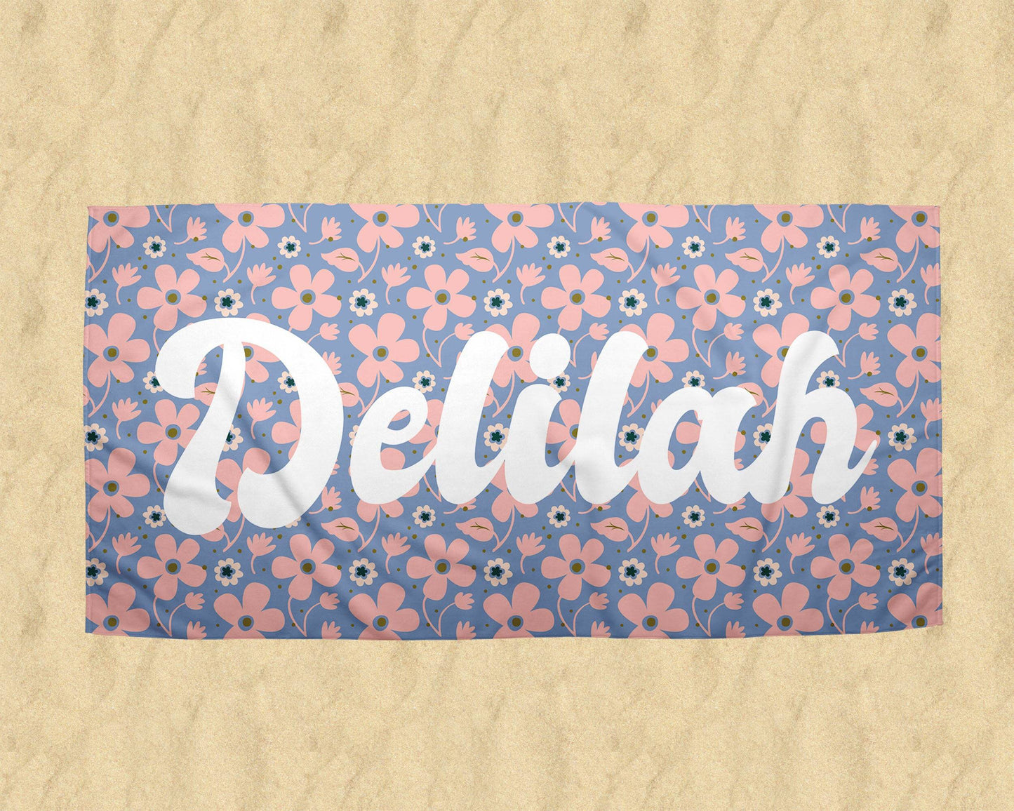 Retro Floral Repeating Name Personalized Beach Towel