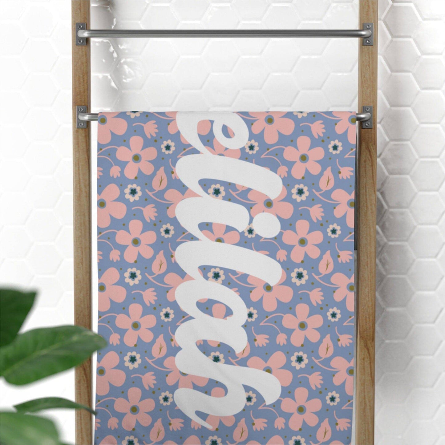 Retro Floral Repeating Name Personalized Beach Towel