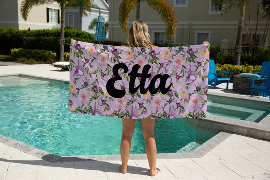 Personalized Beach Towel Custom Pool Towel Personalized Name Towel Birthday Party Favor Pool Party Vacation Bachelorette Birthday Gift Retro