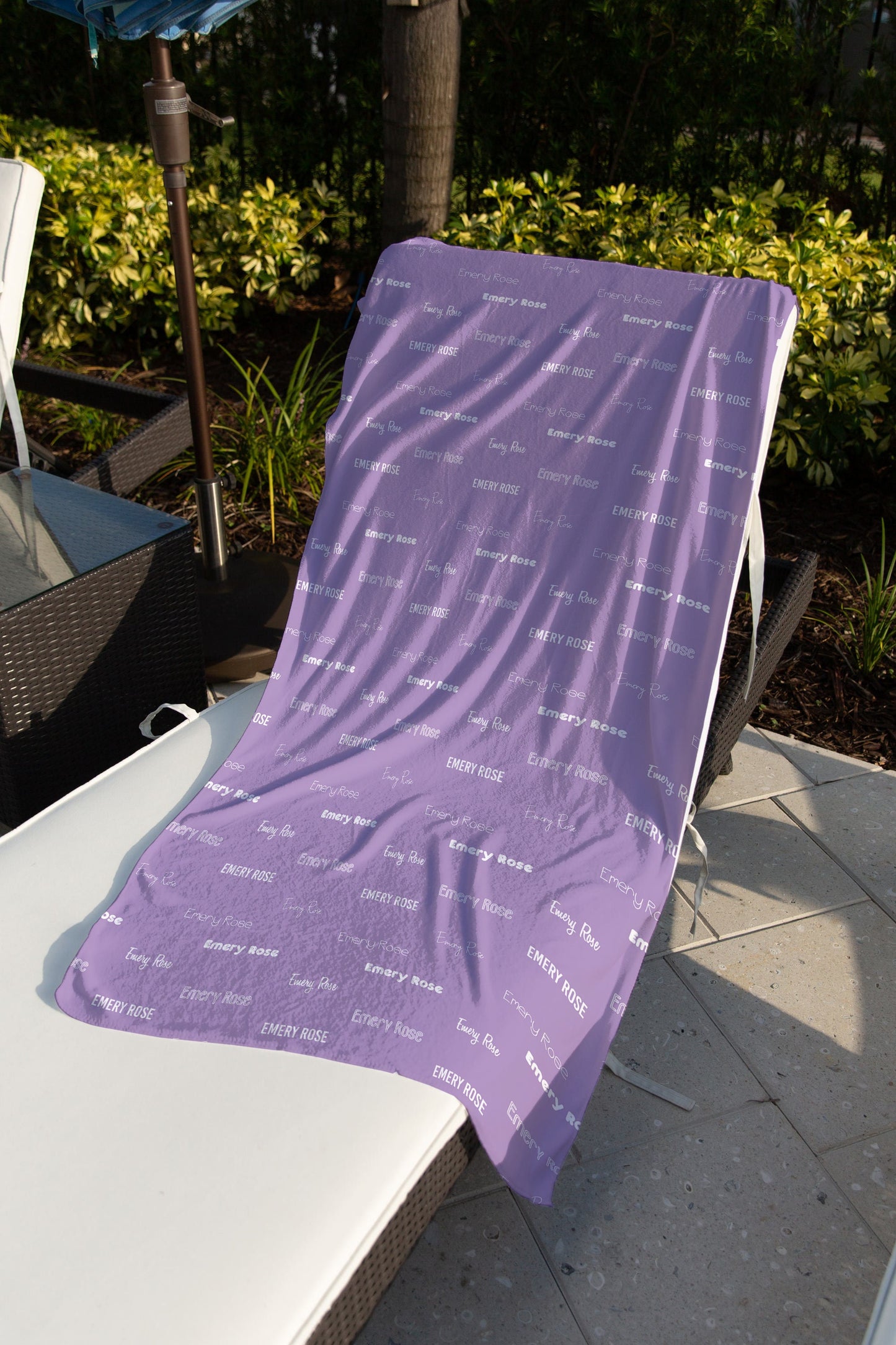 Repeating Name Personalized Beach Towel Purple Custom Pool Towel Personalized Name Birthday Party Favor Pool Party Vacation Birthday Gift