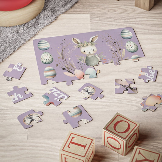 Personalized Easter Puzzle,  a cute girl bunny with Easter eggs and greenery on a purple background