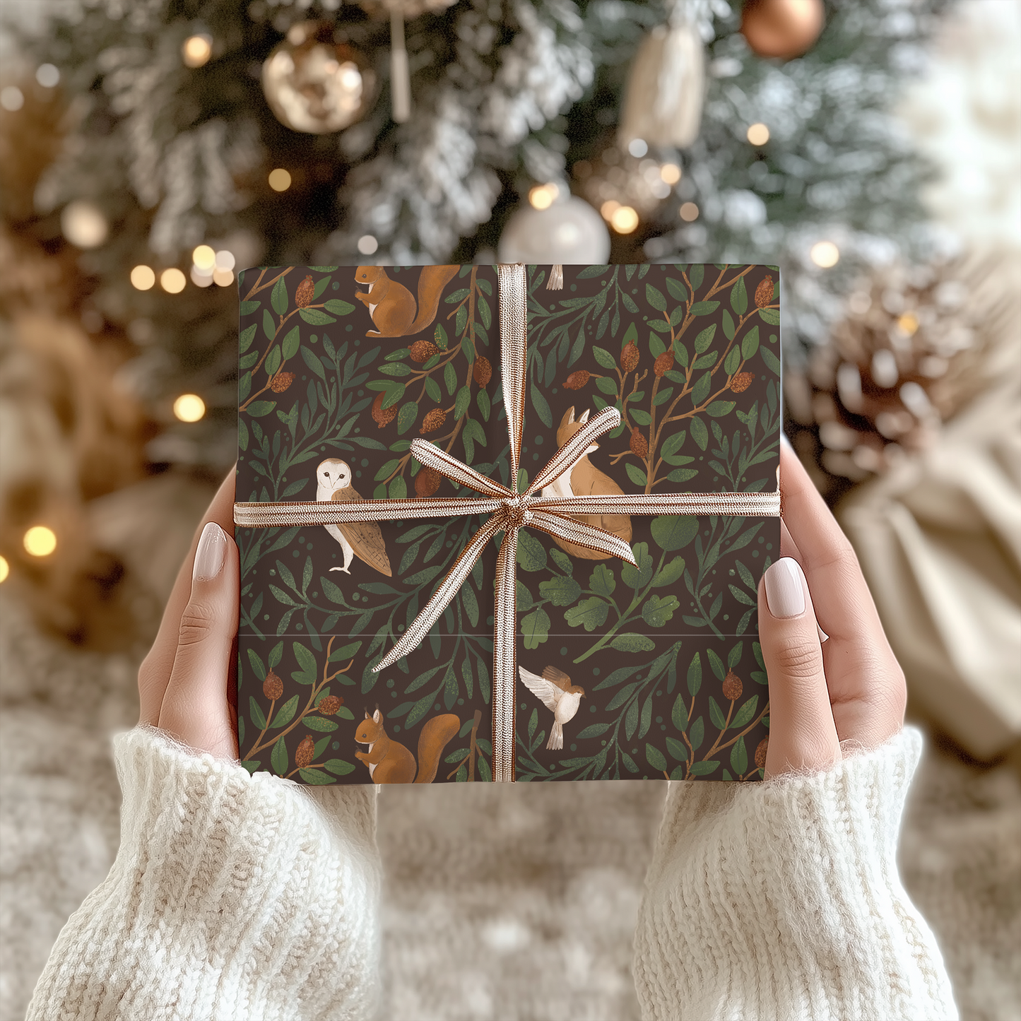 a person holding up a present in front of a christmas tree