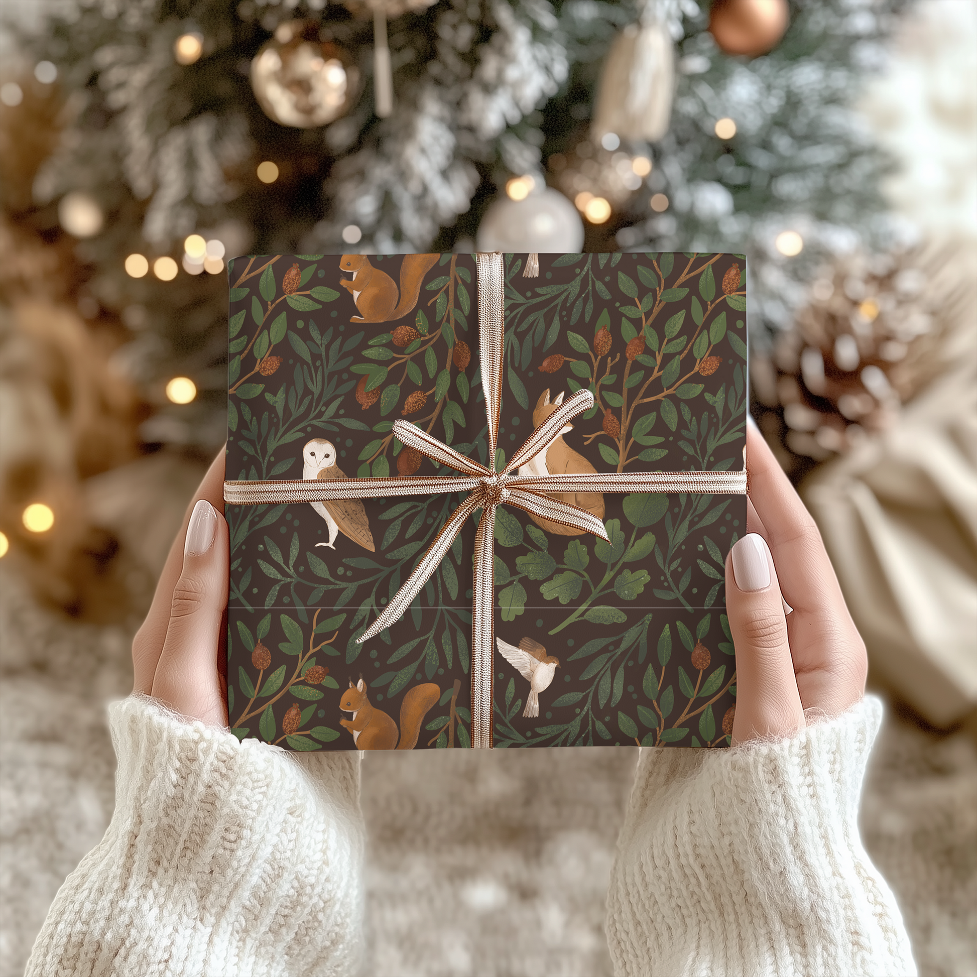 a person holding up a present in front of a christmas tree