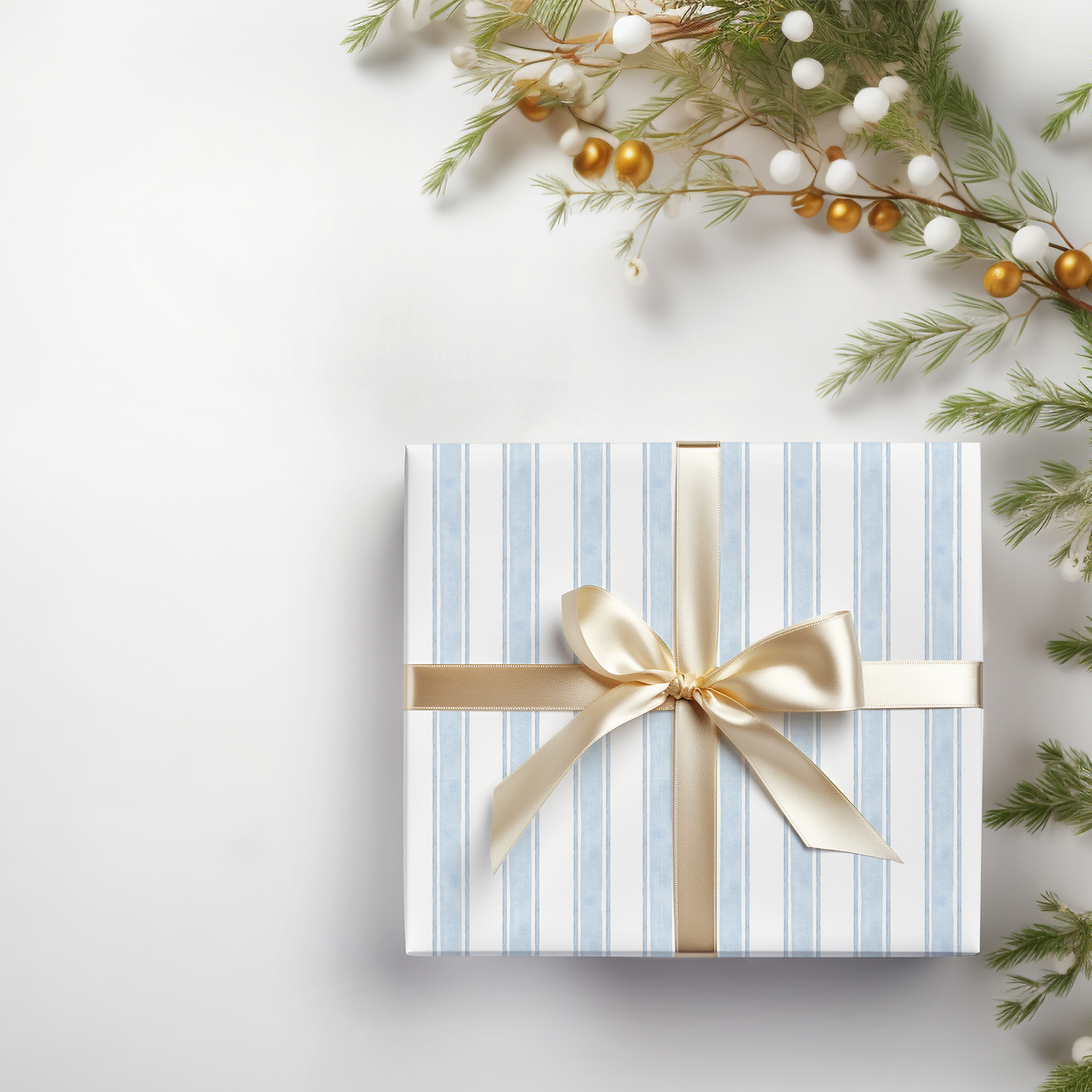a present wrapped in a blue and white striped paper with a gold bow