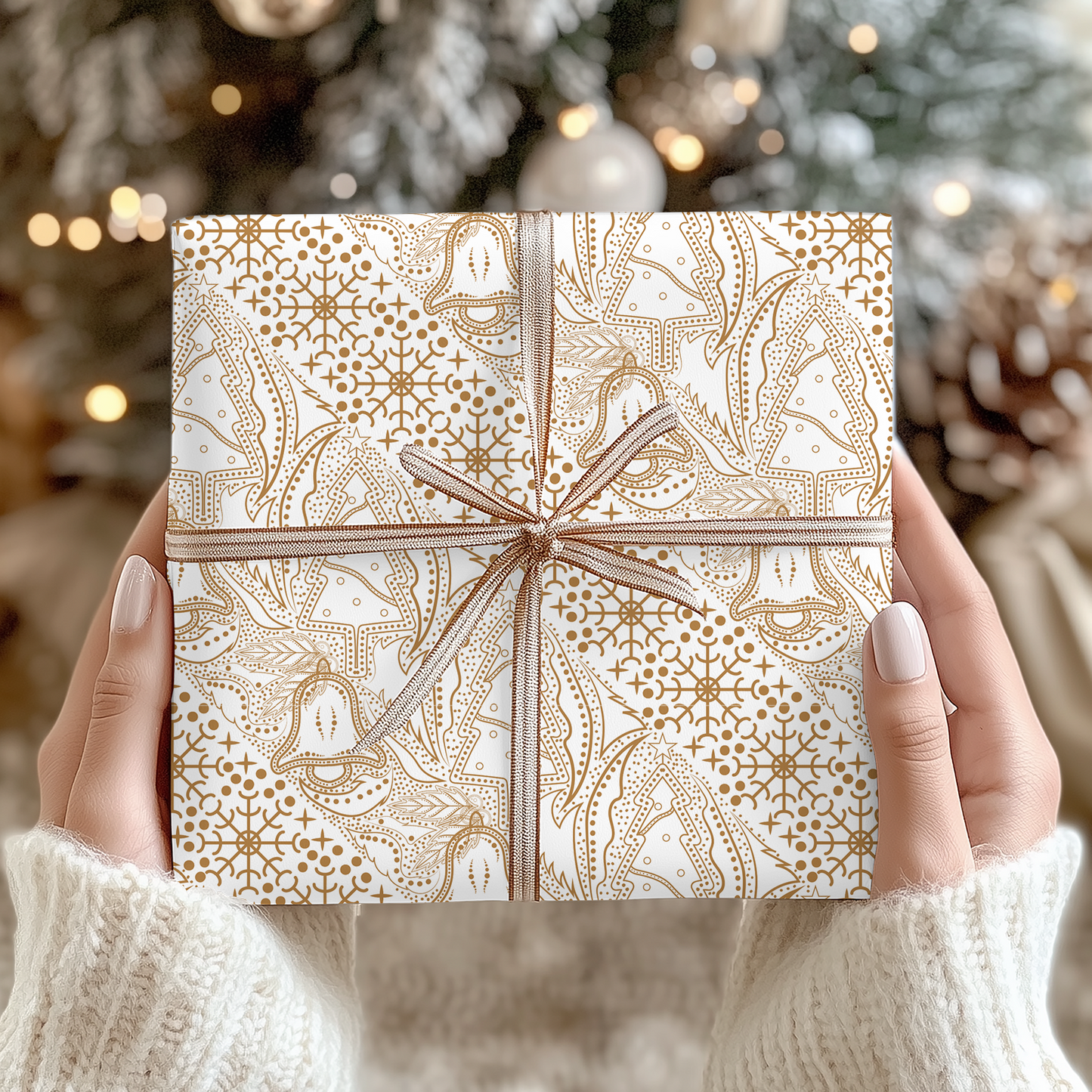 a person holding a present in front of a christmas tree