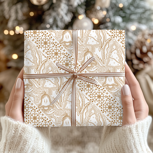 a person holding a present in front of a christmas tree