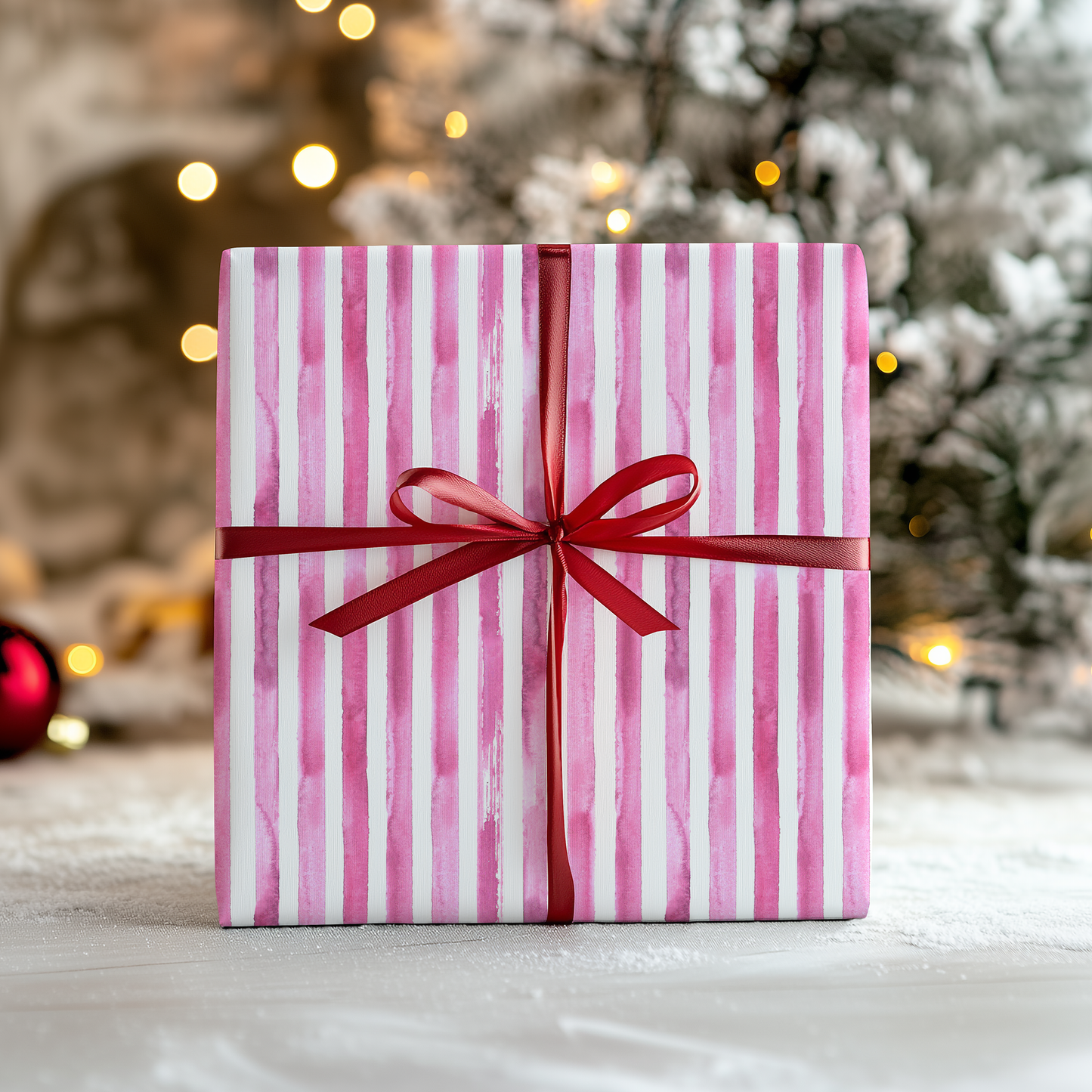 a pink and white striped gift box with a red ribbon