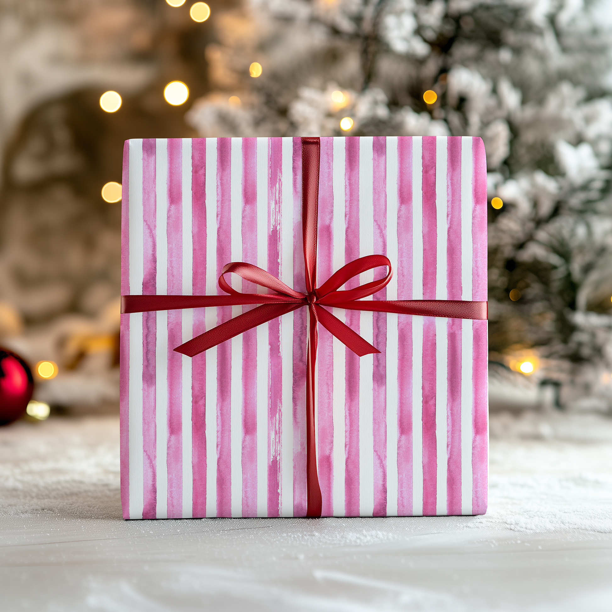 a pink and white striped gift box with a red ribbon