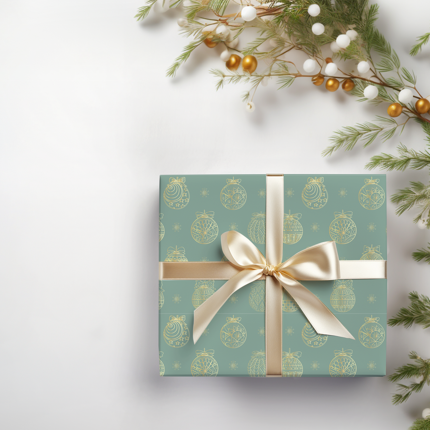 a present wrapped in a blue wrapping paper with a gold bow