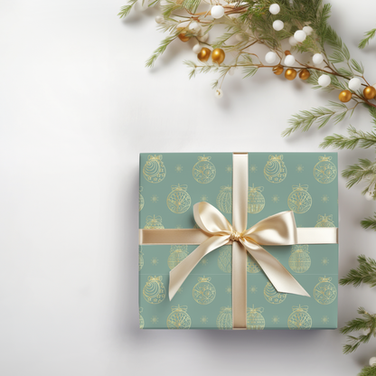 a present wrapped in a blue wrapping paper with a gold bow