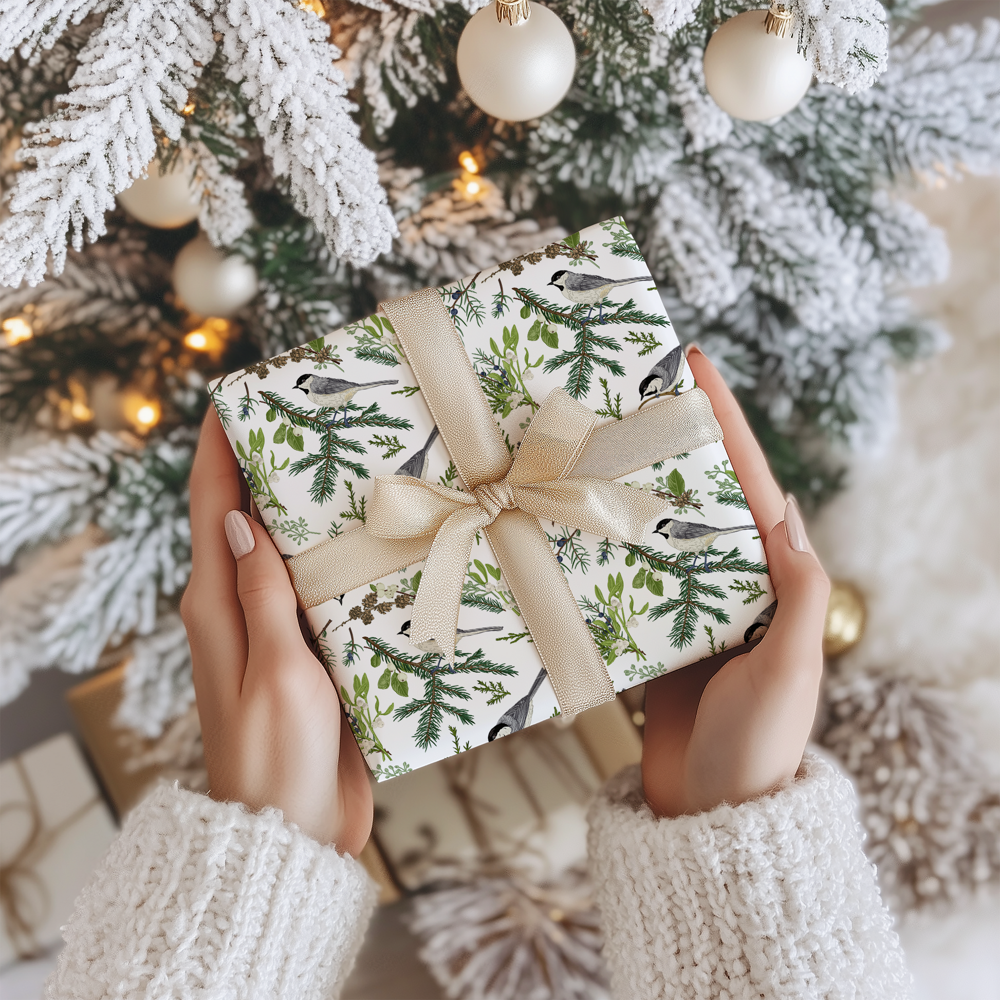a woman holding a wrapped present in front of a christmas tree