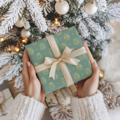a woman is holding a present in front of a christmas tree