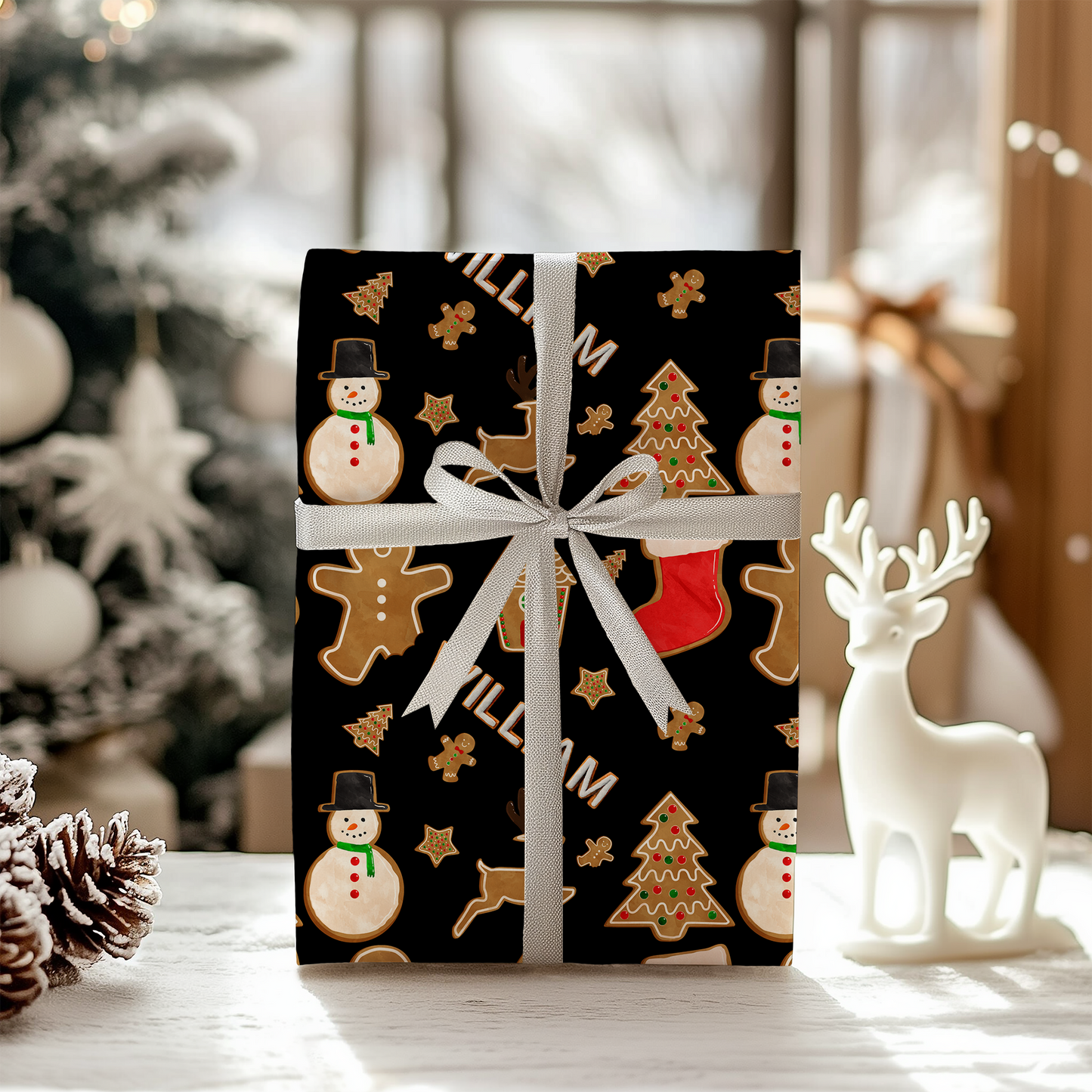 a present wrapped in black paper with christmas decorations