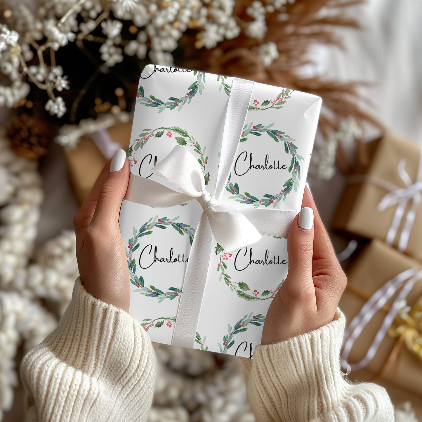 a woman holding a christmas gift wrapped in white paper