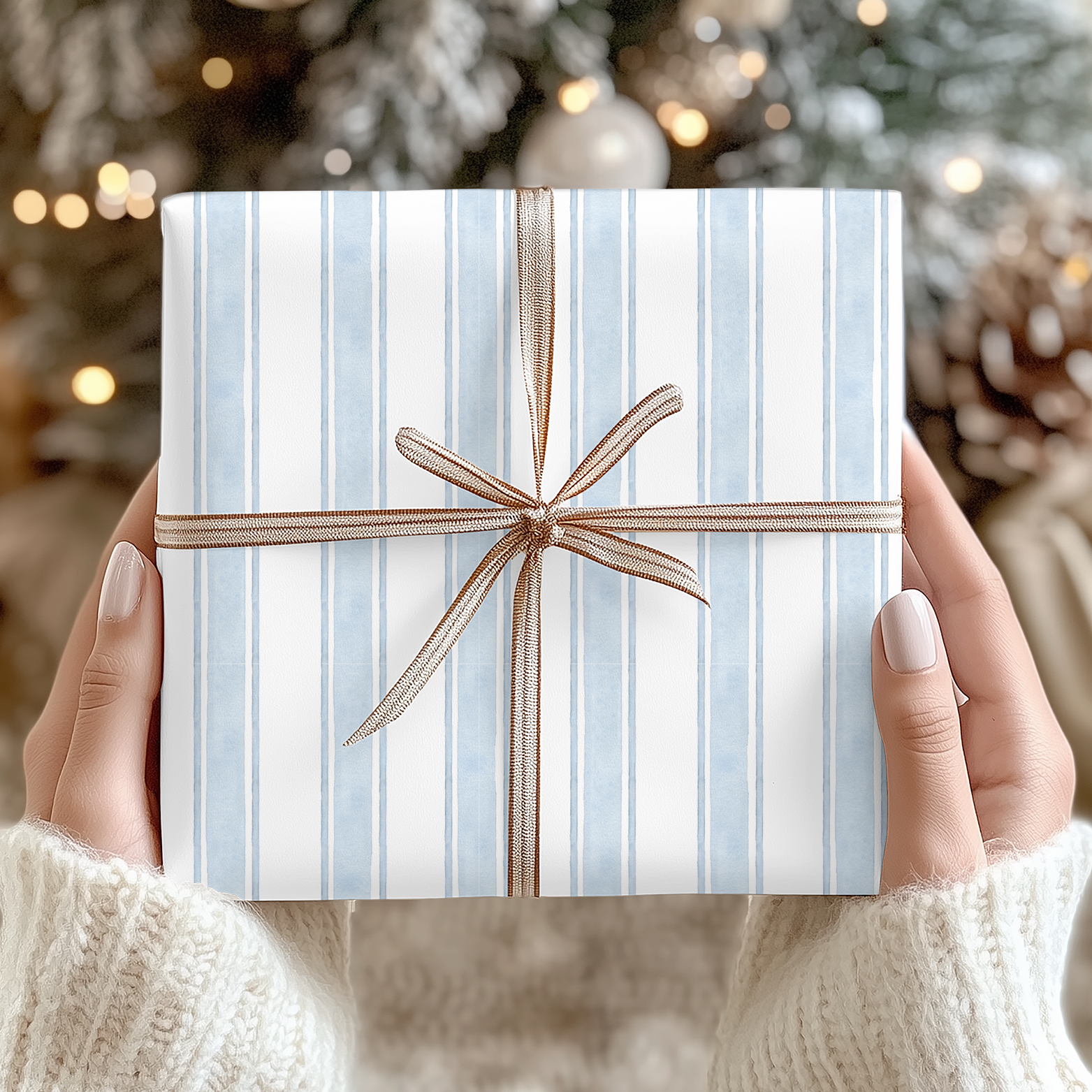 a person holding a wrapped present in front of a christmas tree