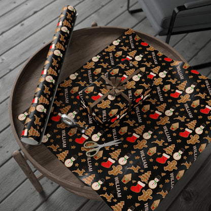 a table topped with wrapping paper and a pair of scissors