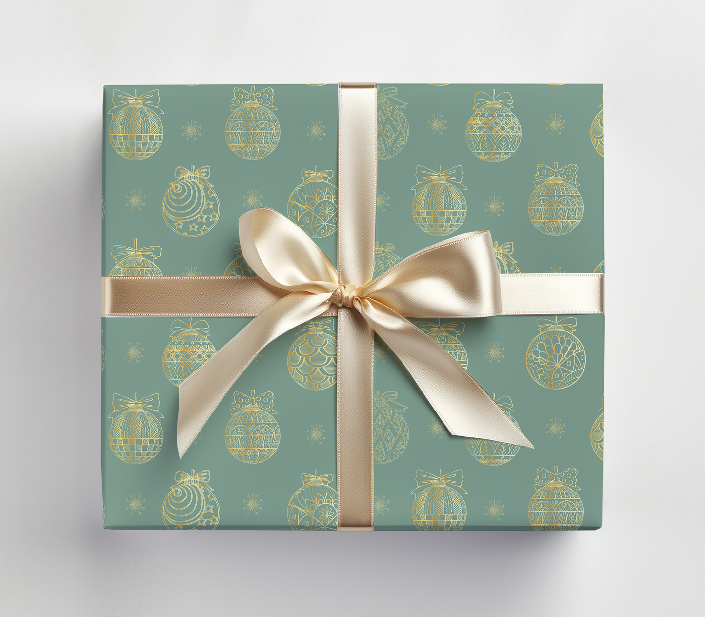 a present wrapped in a green wrapping paper with a gold bow