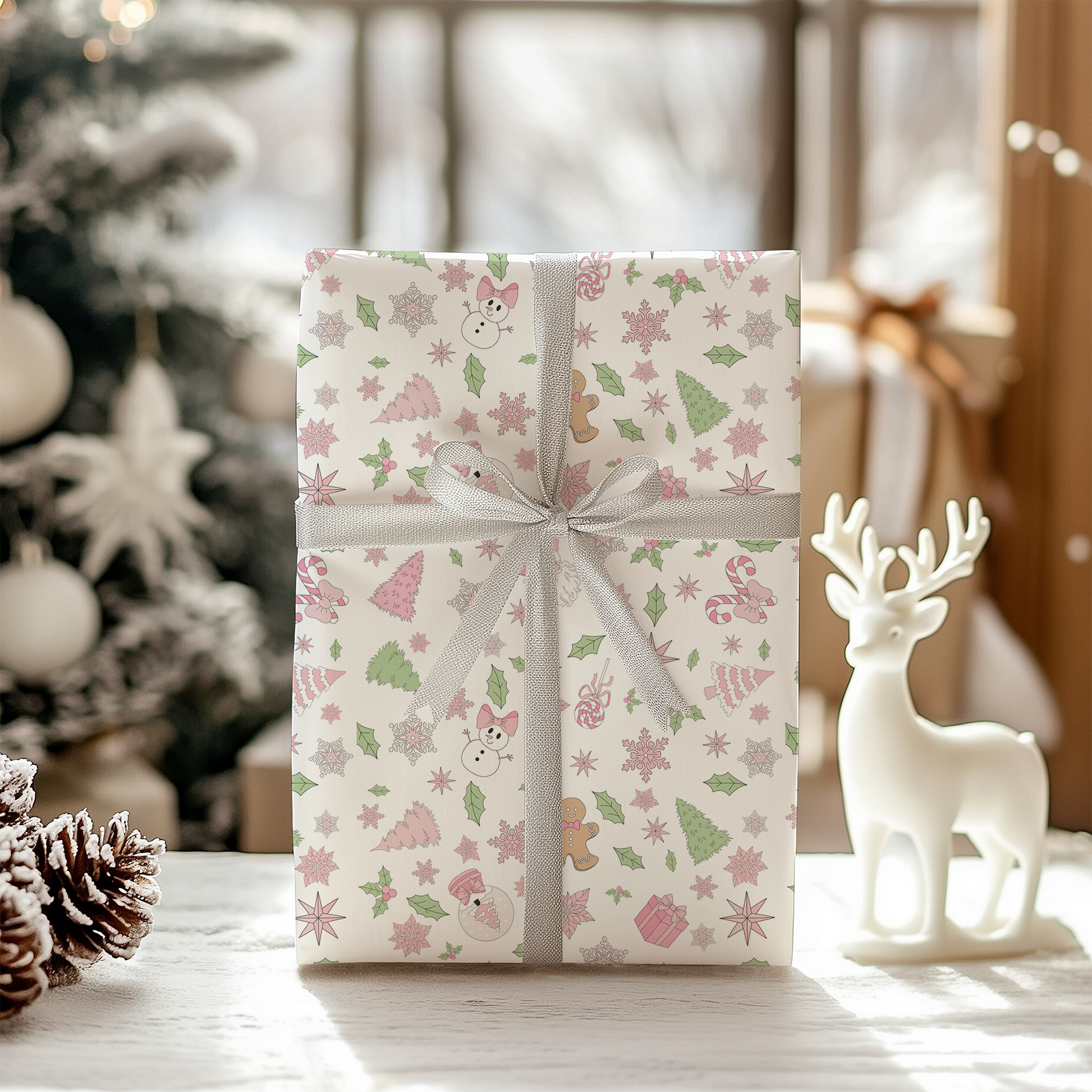 a present wrapped in paper with a reindeer figurine next to it