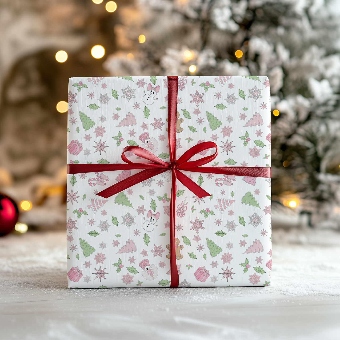 a present wrapped in white paper with a red ribbon