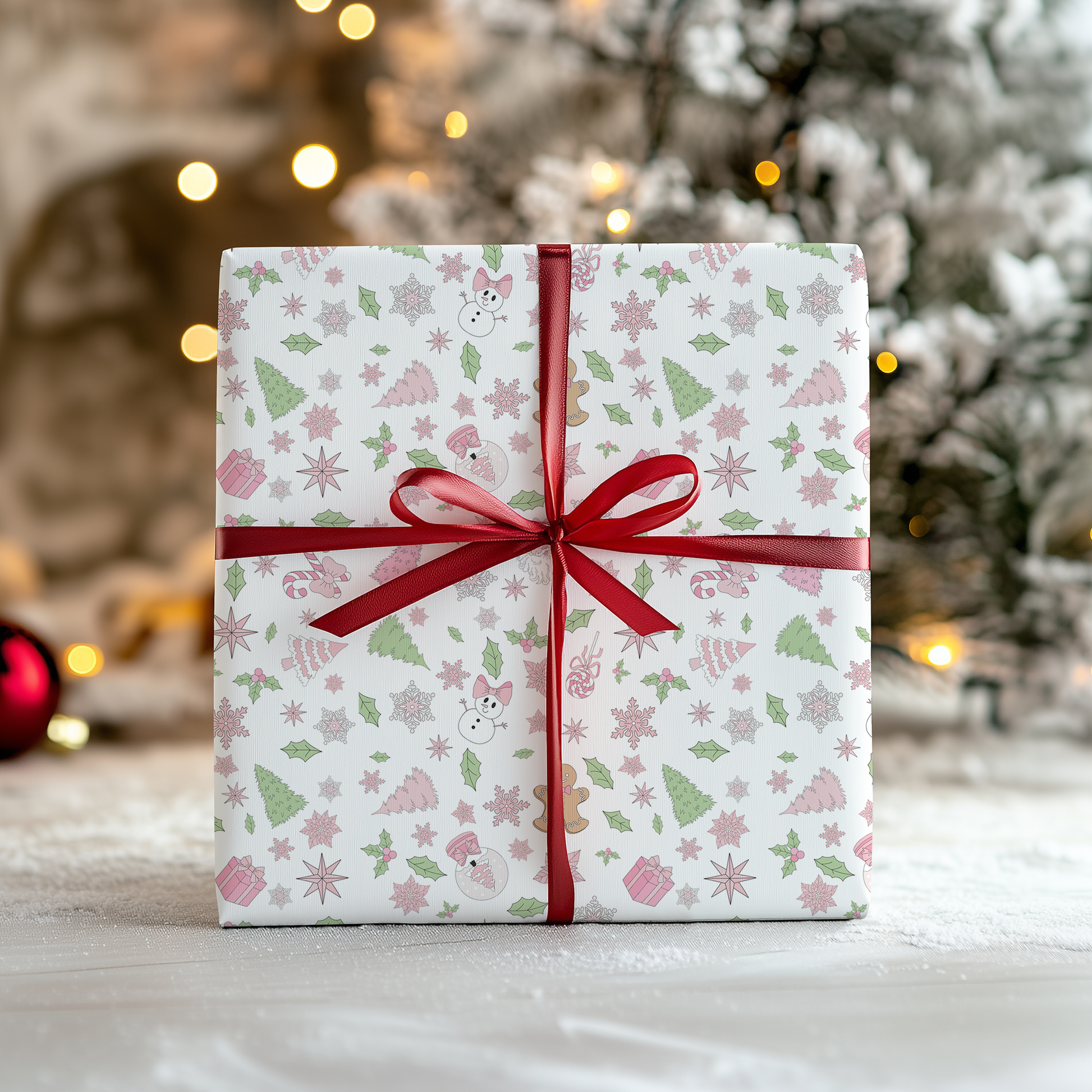 a present wrapped in white paper with a red ribbon