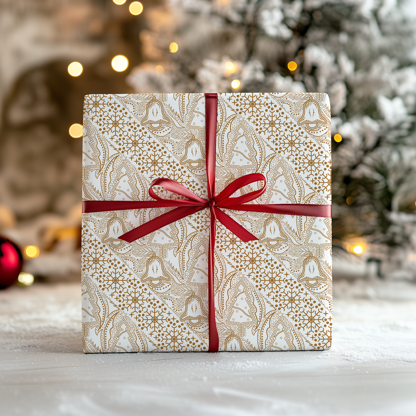 a gift box wrapped in white paper with a red ribbon