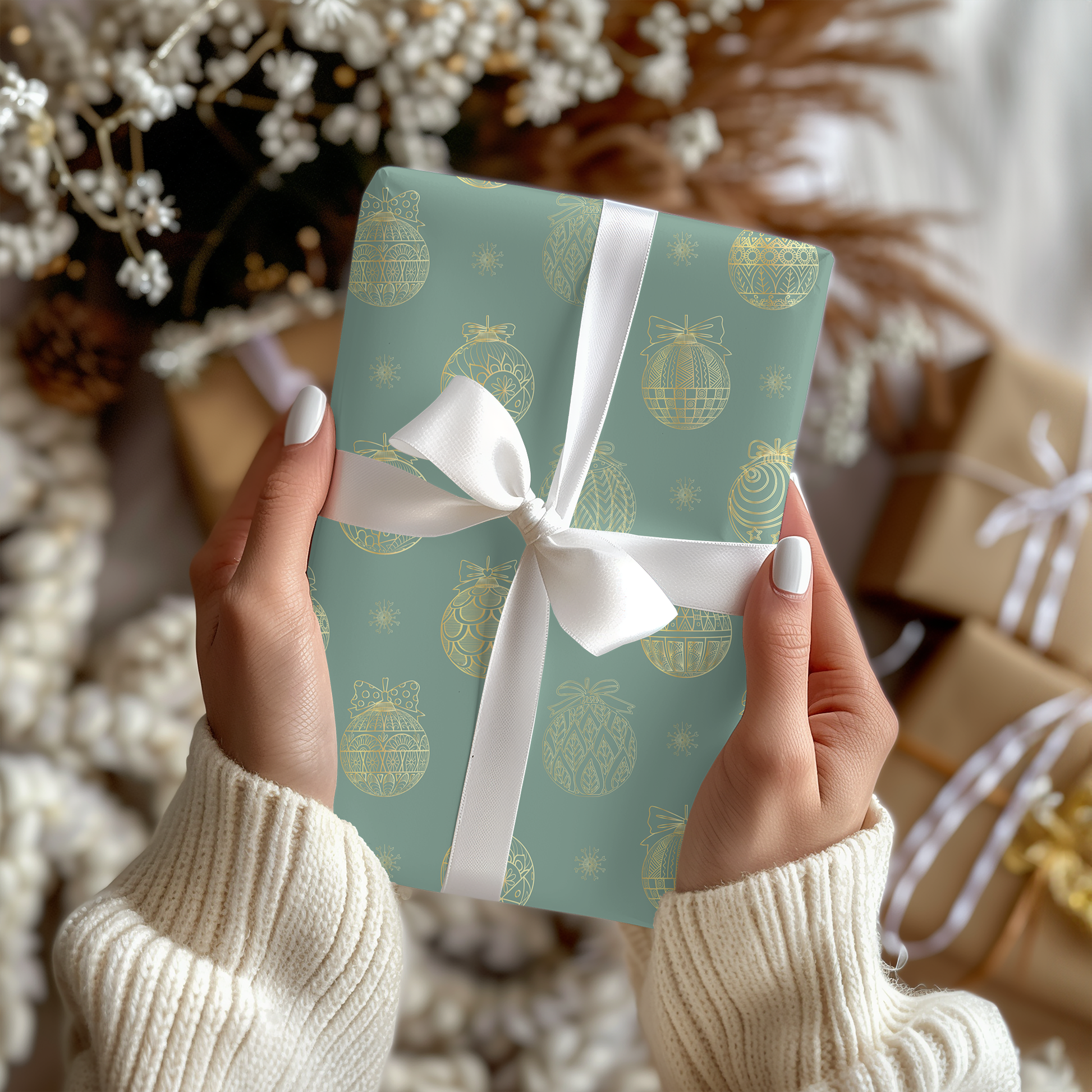 a woman holding a wrapped present in her hands