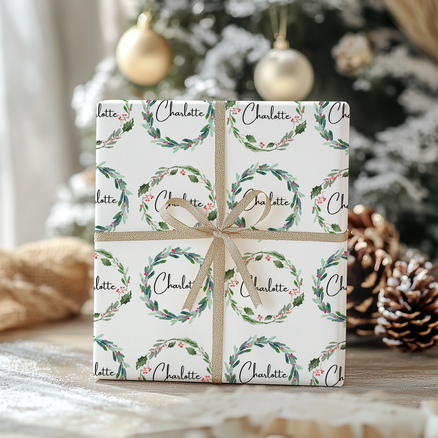 a christmas gift wrapped in white paper with a brown ribbon