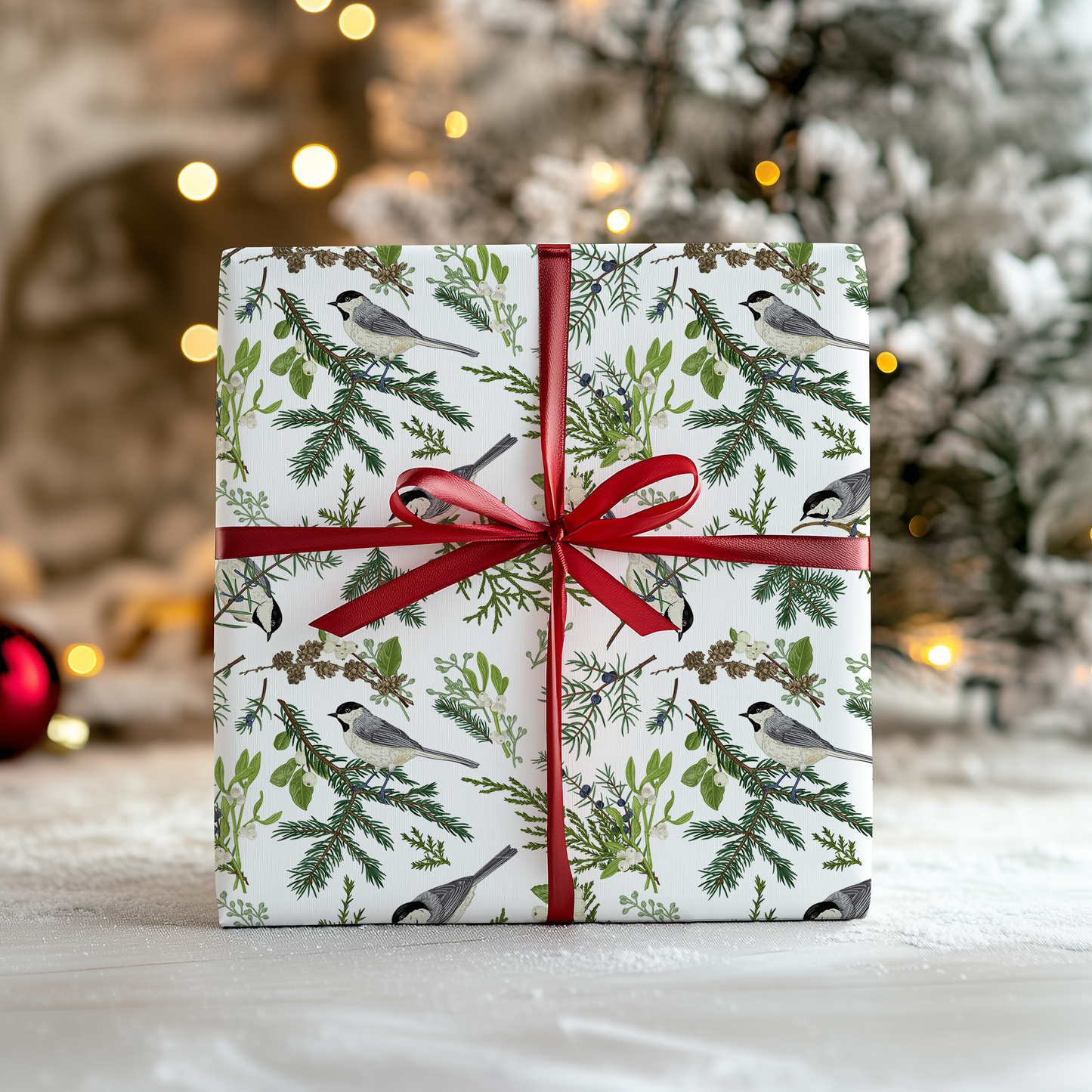 a christmas present wrapped in white paper with a red ribbon