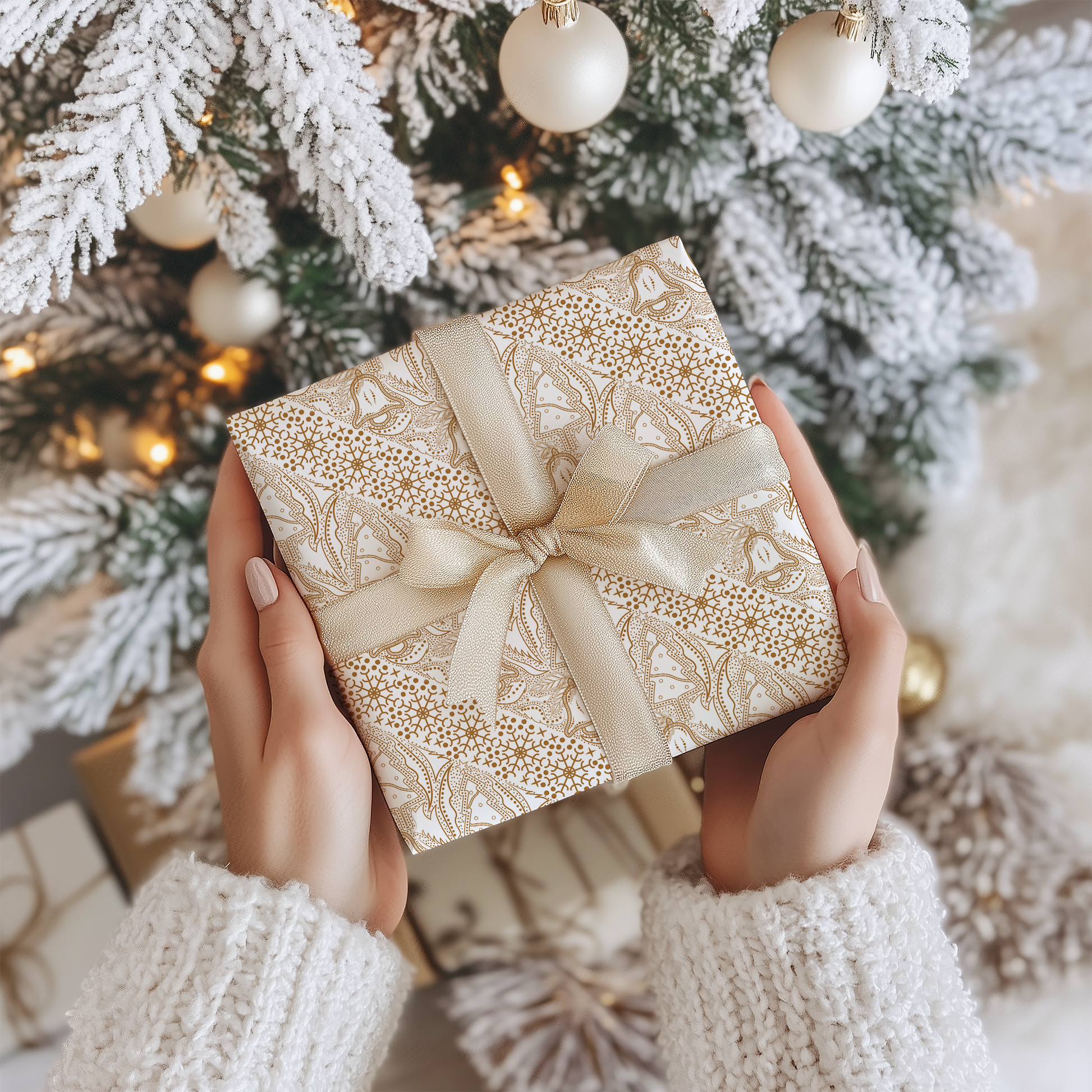 a person holding a present in front of a christmas tree