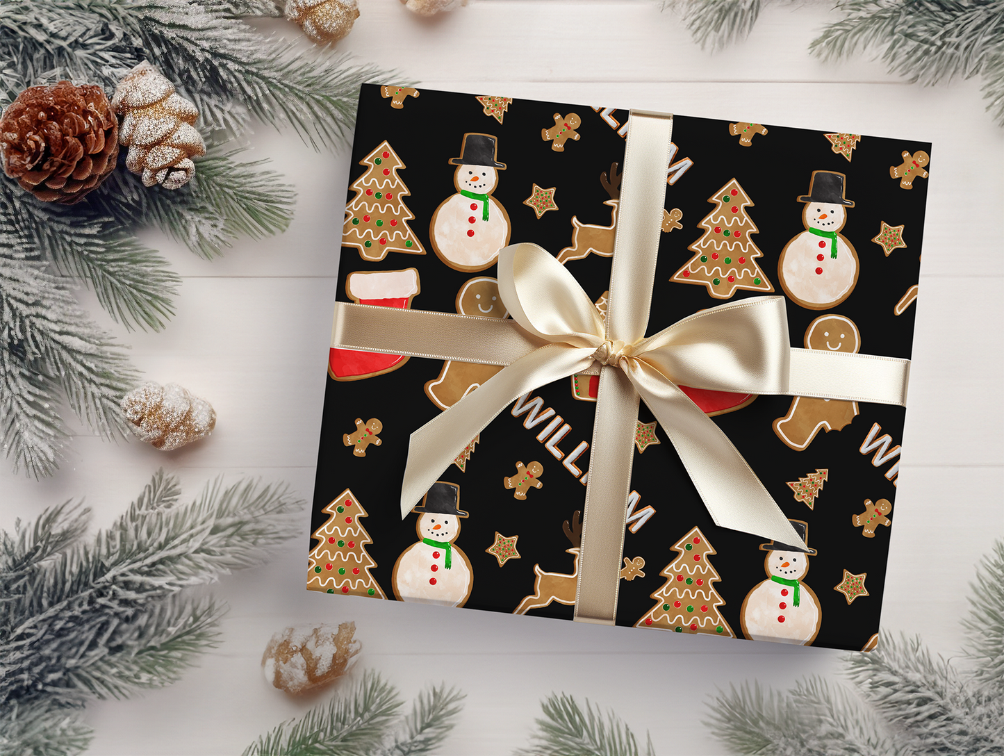 a present wrapped in a black wrapping paper with a gold ribbon