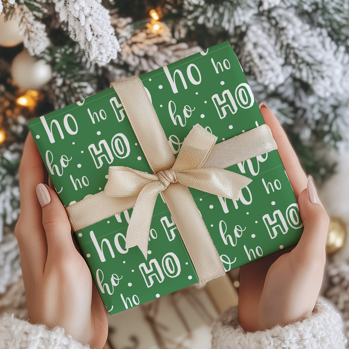 a person holding a green wrapped present in front of a christmas tree