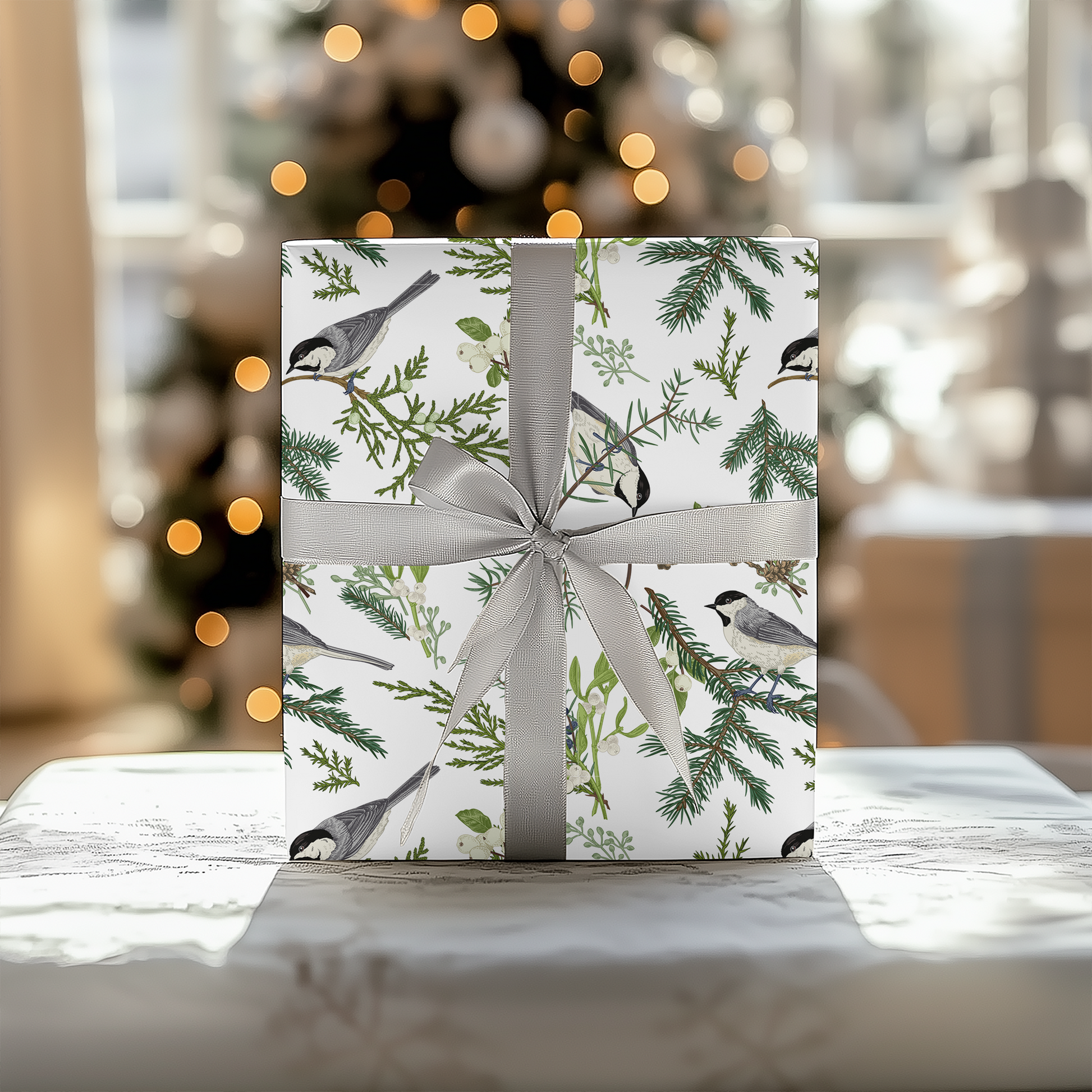 a white gift box with a bird design on it