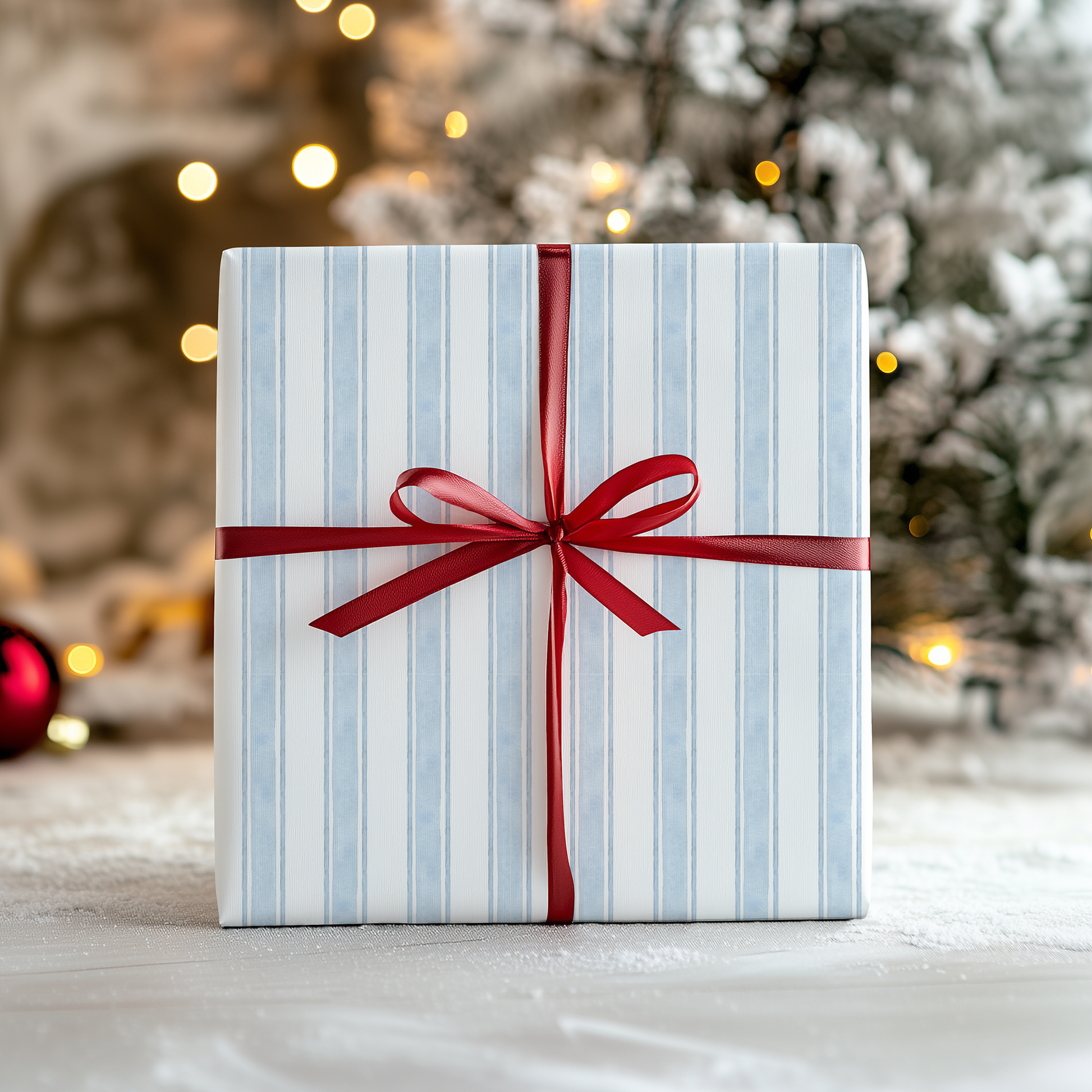a gift box wrapped in blue and white striped paper with a red ribbon