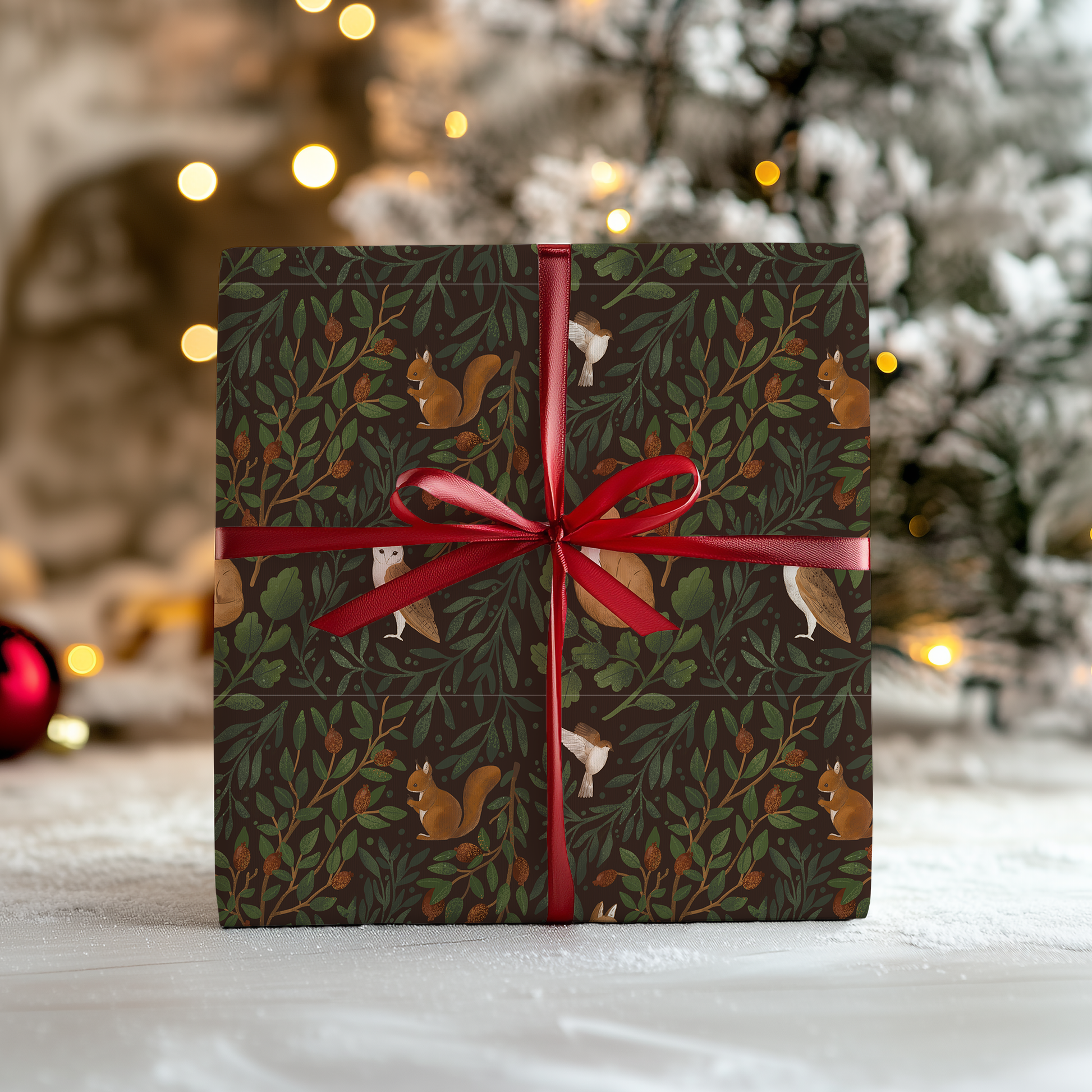 a christmas present wrapped in brown paper with a red bow