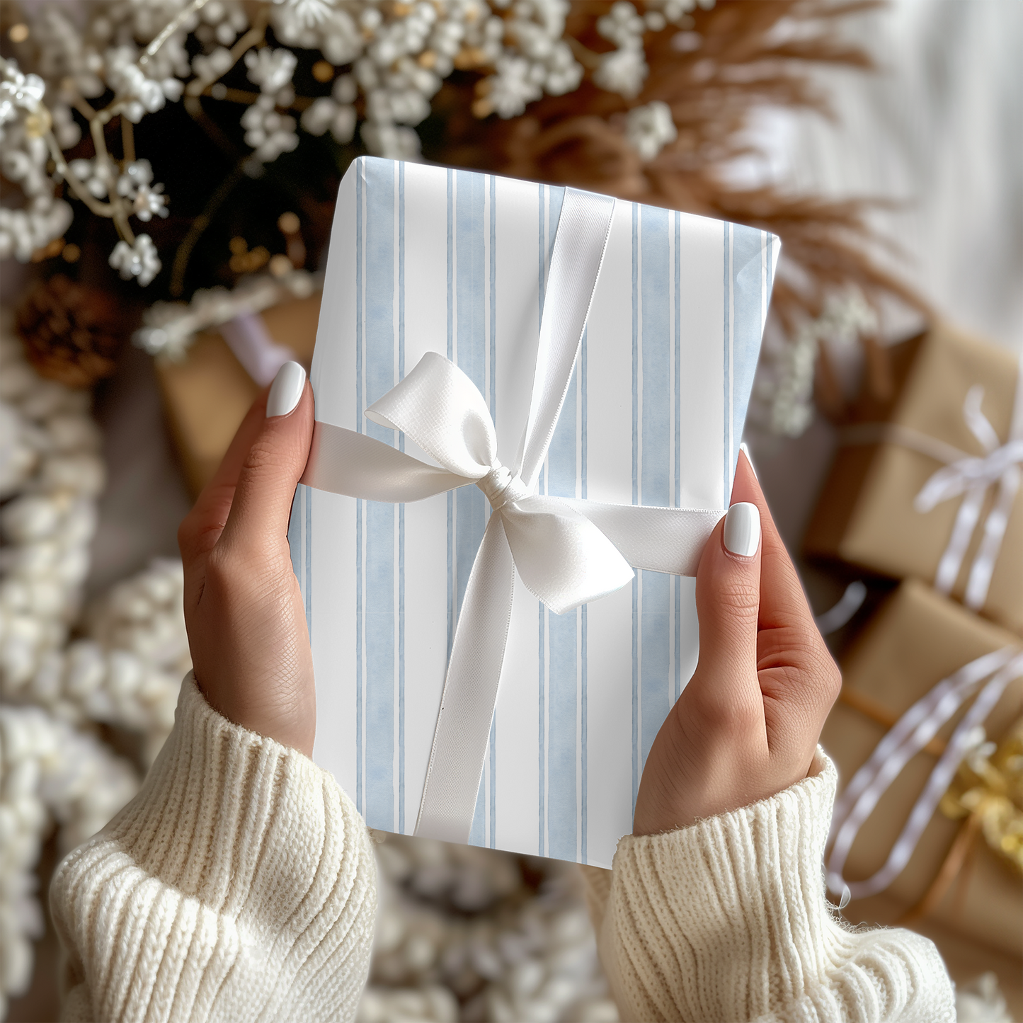 a woman holding a wrapped present in her hands