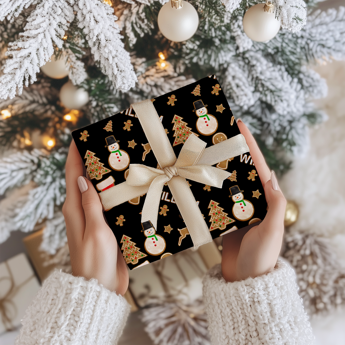 a person holding a present in front of a christmas tree