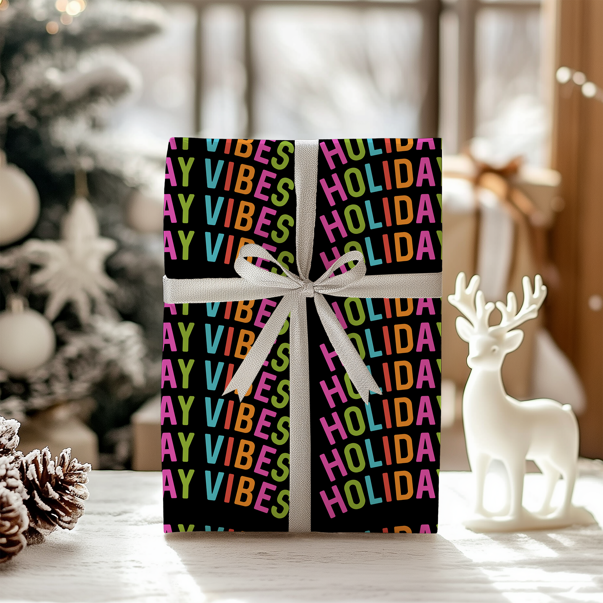 a gift wrapped in a colorful holiday wrapping paper