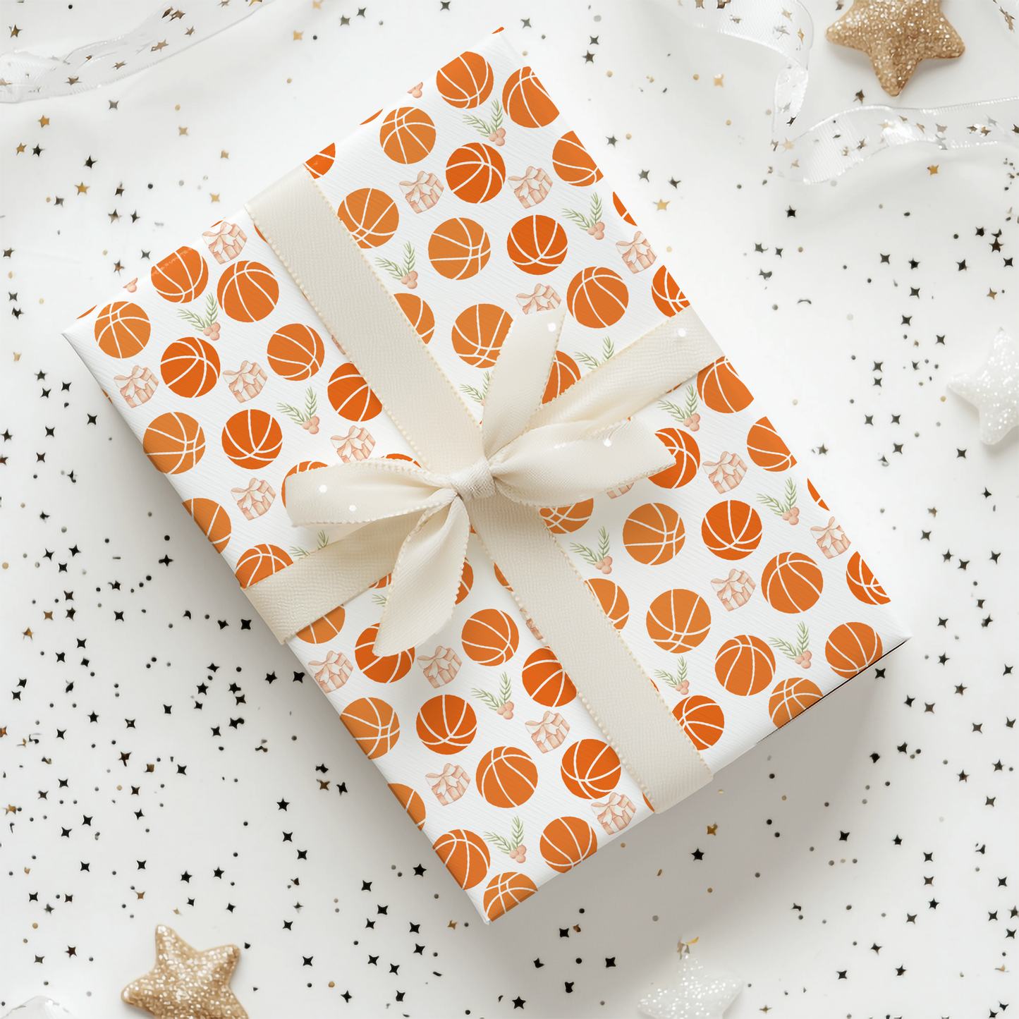 a present wrapped in orange and white paper with a bow