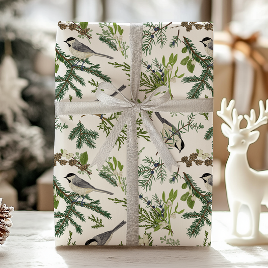 a present wrapped in white paper with a christmas tree in the background