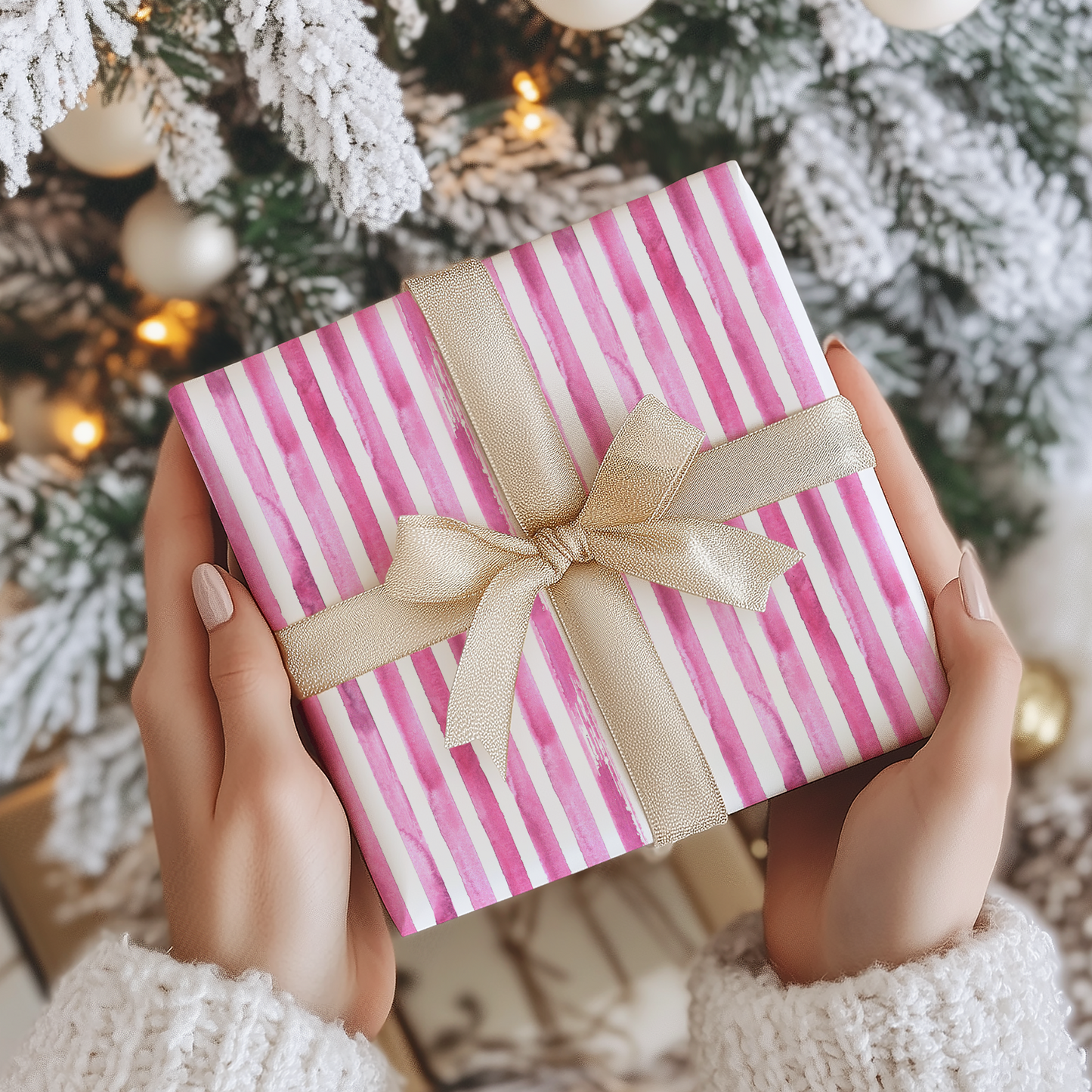 a woman is holding a pink and white present in front of a christmas tree